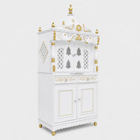 Divine Palace Large Floor Rested Pooja Mandap with Door (White Gold) Side View