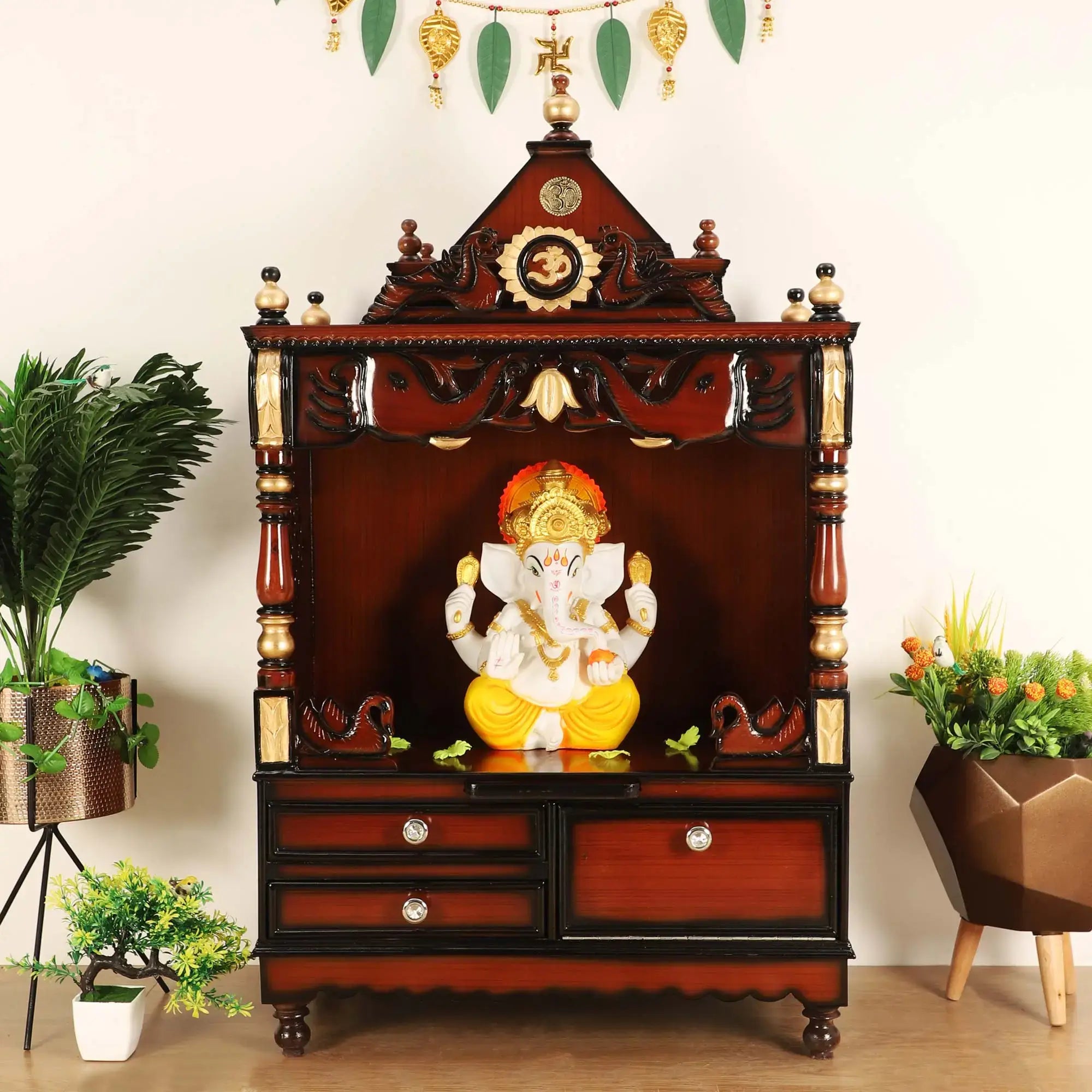 Divine Home Medium Floor Rested Pooja Mandir without Door Brown Gold color lifestyle image