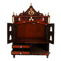 Divine Home Large Floor Rested Pooja Mandir/Wooden temple with doors for home in Brown Gold color front view open drawers