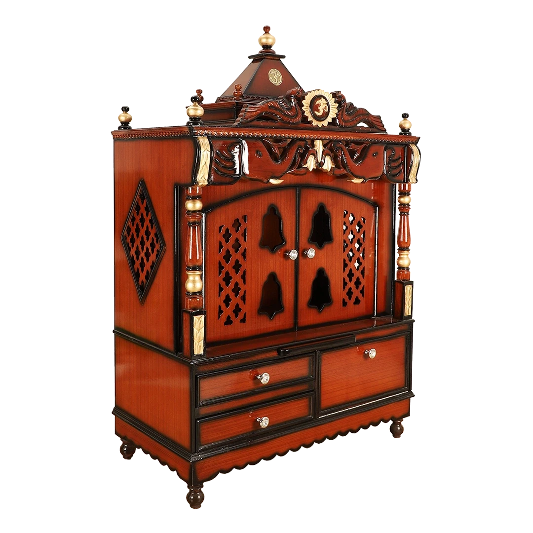 Divine Home Large Floor Rested Pooja Mandir/Wooden temple with doors for home in Brown Gold color 45° side view