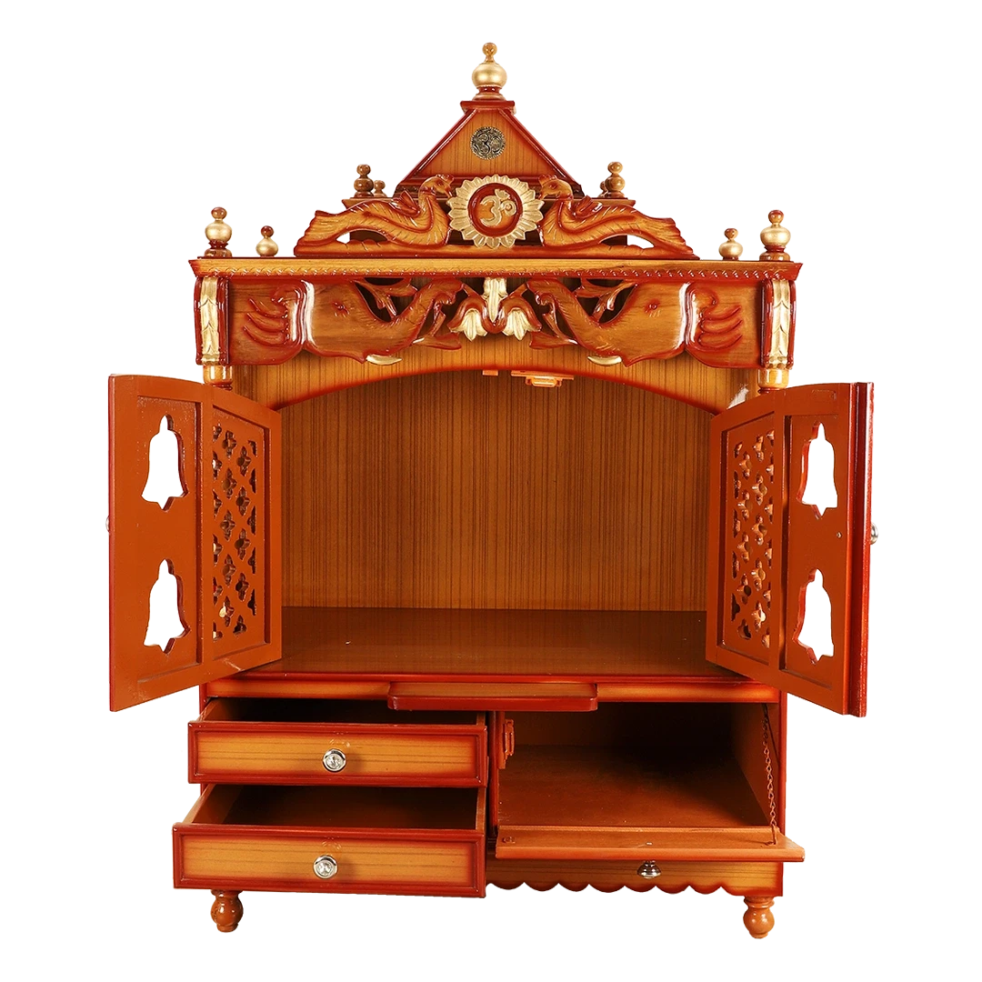 Divine Home Large Floor Rested Pooja Mandir/Wooden temple with Doors for home in Teak Gold color front view open drawers