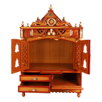 Divine Home Large Floor Rested Pooja Mandir/Wooden temple with Doors for home in Teak Gold color front view open drawers