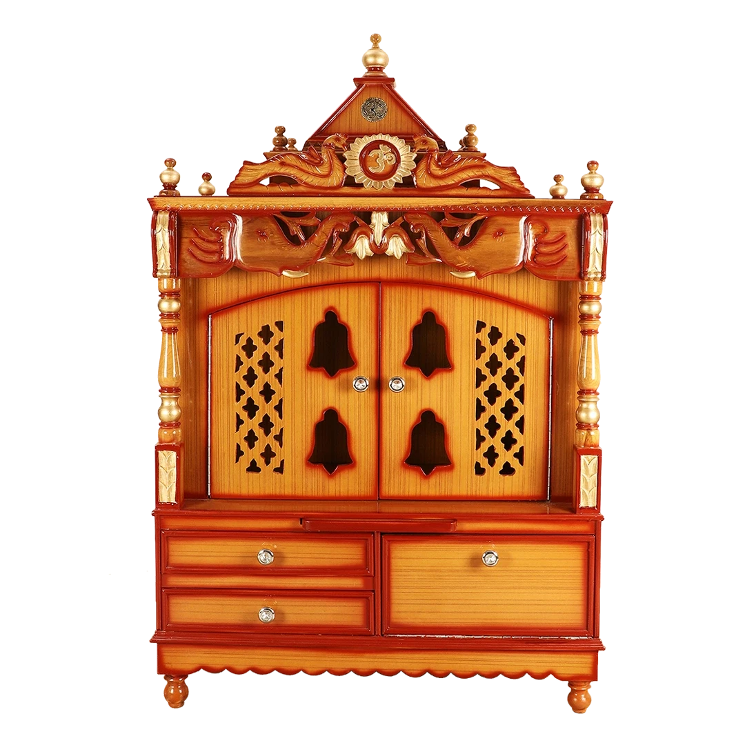 Divine Home Large Floor Rested Pooja Mandir/Wooden temple with Doors for home in Teak Gold color front view
