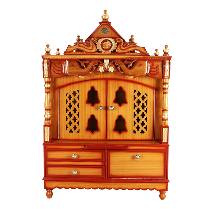 Divine Home Large Floor Rested Pooja Mandir/Wooden temple with Doors for home in Teak Gold color front view