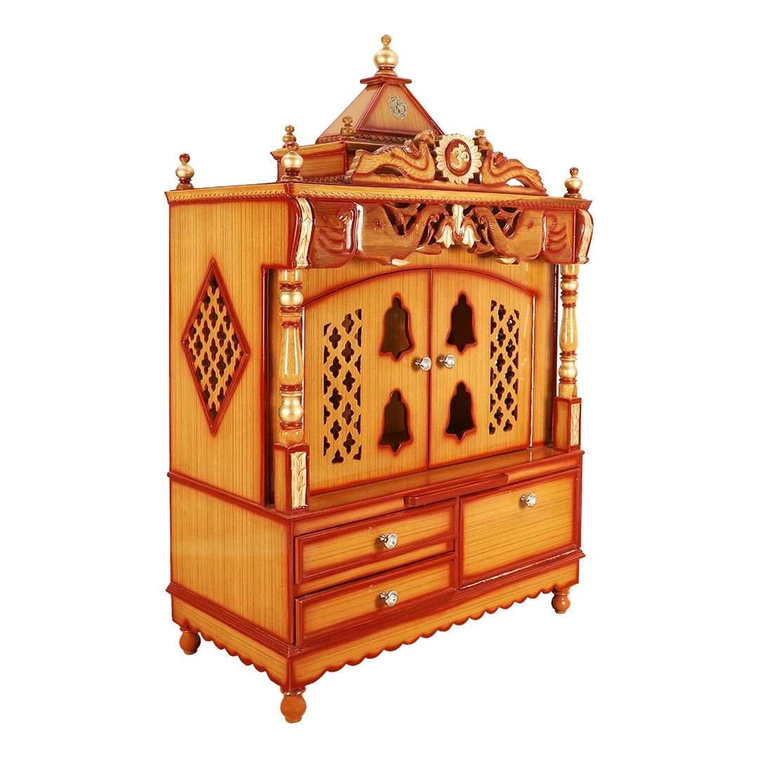 Divine Home Large Floor Rested Pooja Mandir/Wooden temple with Doors for home in Teak Gold color 45° side view