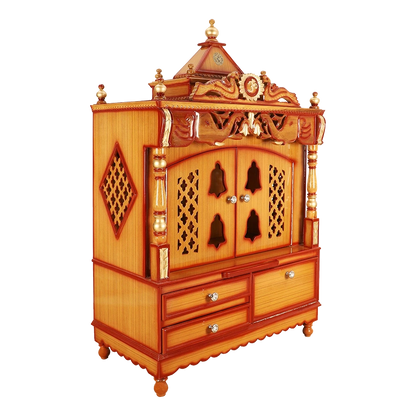 Divine Home Large Floor Rested Pooja Mandir/Wooden temple with Doors for home in Teak Gold color 45° side view