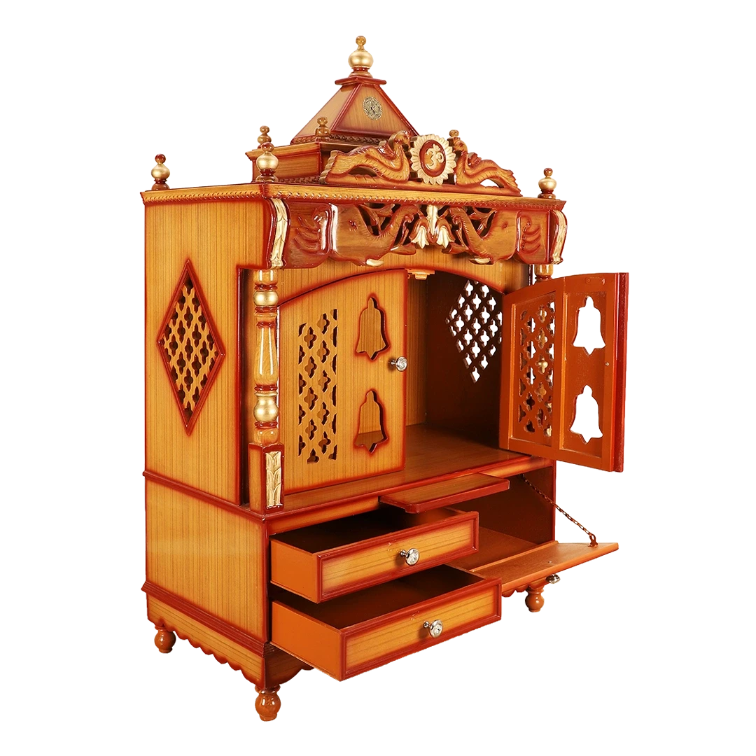 Divine Home Large Floor Rested Pooja Mandir/Wooden temple with Doors for home in Teak Gold color 45° side view open drawers