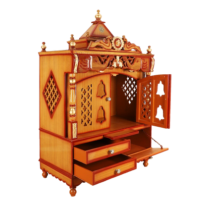 Divine Home Large Floor Rested Pooja Mandir/Wooden temple with Doors for home in Teak Gold color 45° side view open drawers