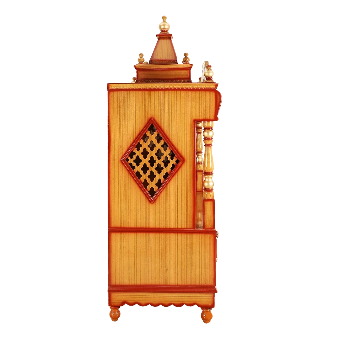 Divine Home Large Floor Rested Pooja Mandir/Wooden temple with Doors for home in Teak Gold color side view featuring jali design and Pillars