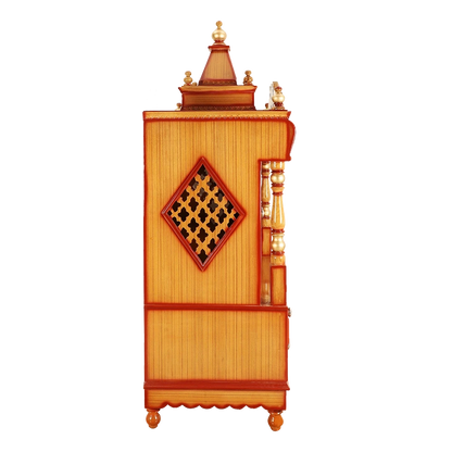 Divine Home Large Floor Rested Pooja Mandir/Wooden temple with Doors for home in Teak Gold color side view featuring jali design and Pillars