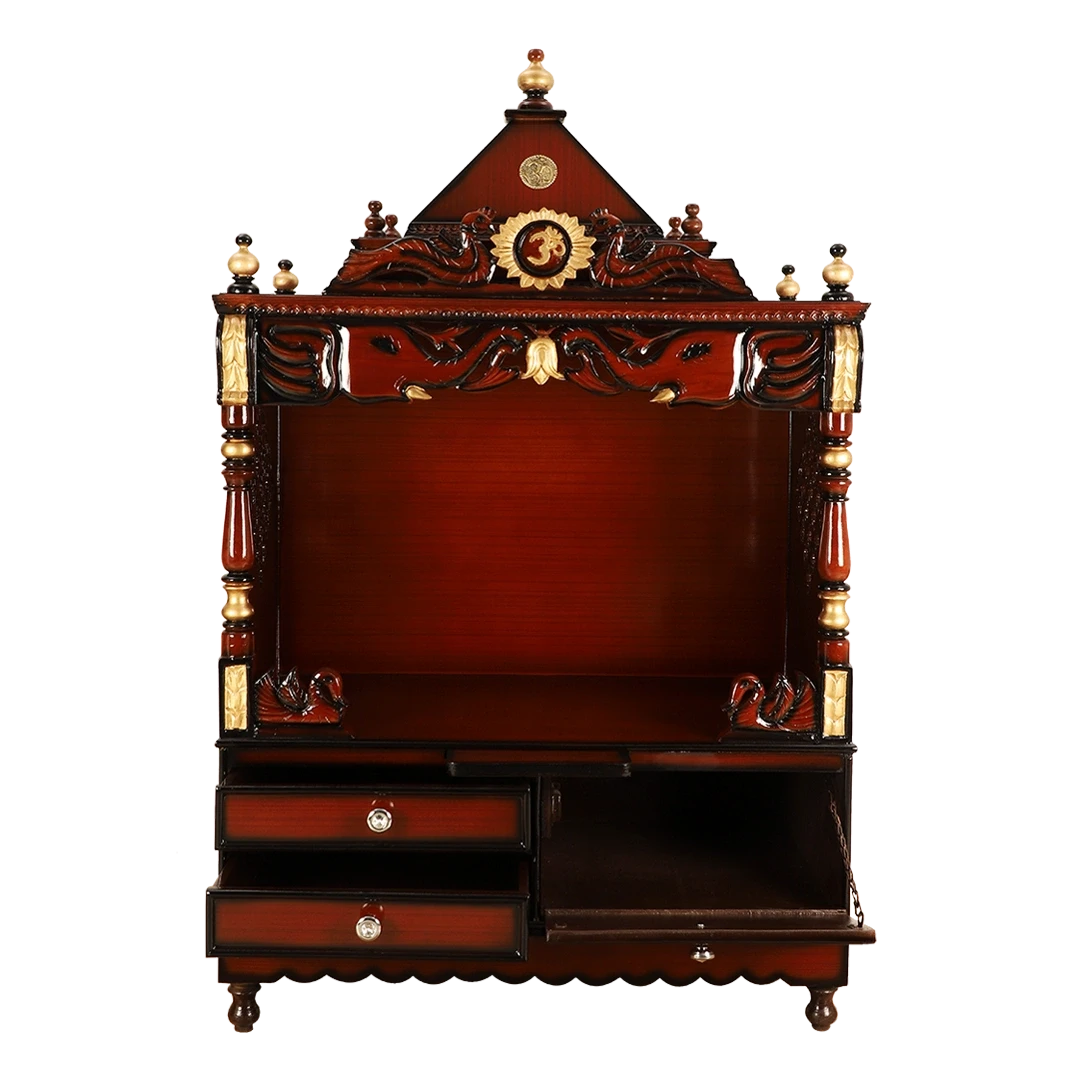 Divine Home Large Floor Rested Pooja Mandir/Wooden temple for home in Brown Gold color Front view