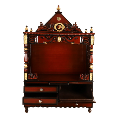 Divine Home Large Floor Rested Pooja Mandir/Wooden temple for home in Brown Gold color Front view