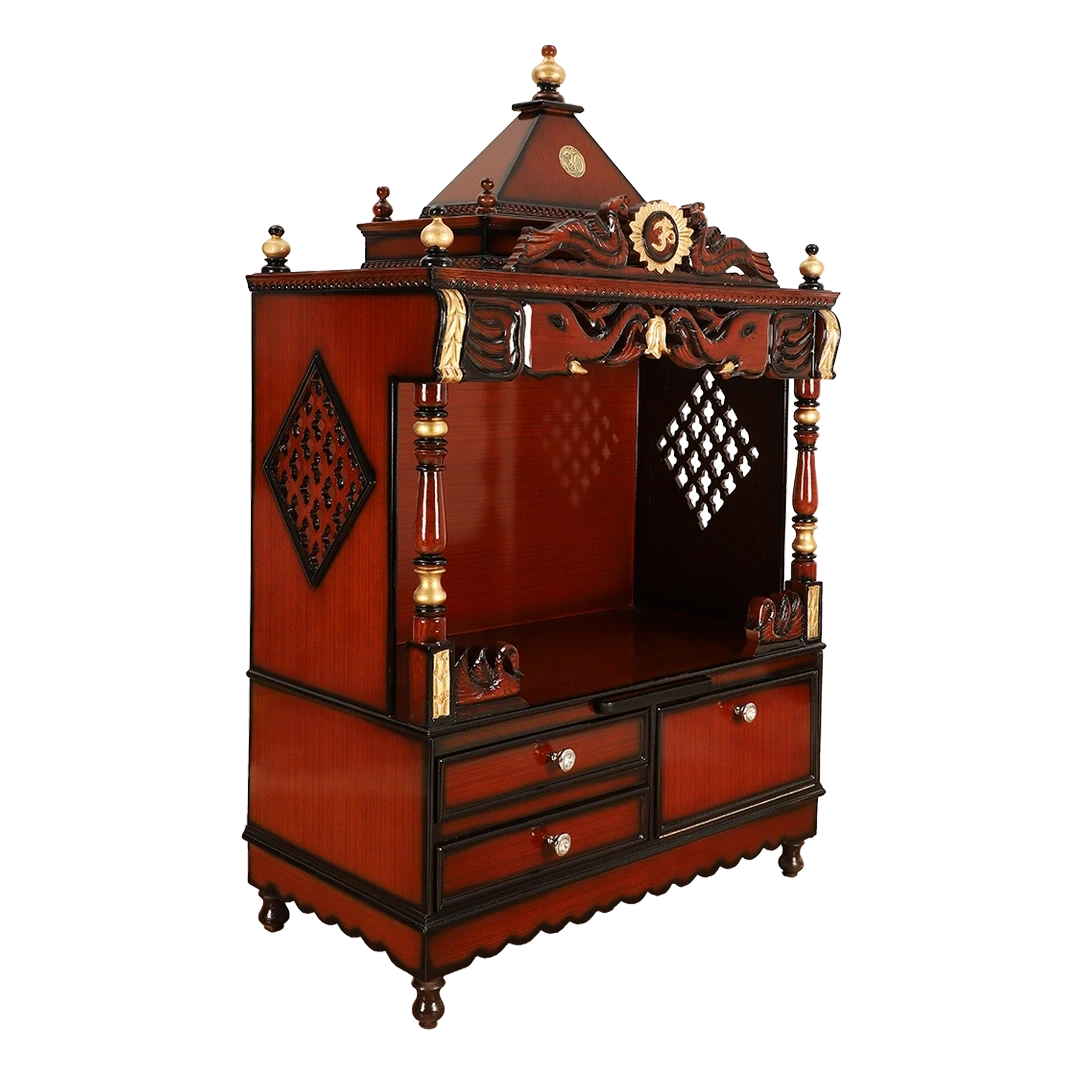 Divine Home Large Floor Rested Pooja Mandir/Wooden temple for home in Brown Gold color 45° side view