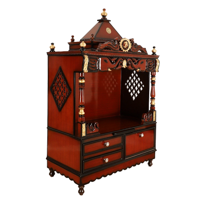 Divine Home Large Floor Rested Pooja Mandir/Wooden temple for home in Brown Gold color 45° side view