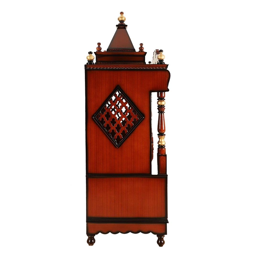 Divine Home Large Floor Rested Pooja Mandir/Wooden temple for home in Brown Gold color side view featuring jali design and Pillars