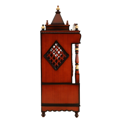 Divine Home Large Floor Rested Pooja Mandir/Wooden temple for home in Brown Gold color side view featuring jali design and Pillars