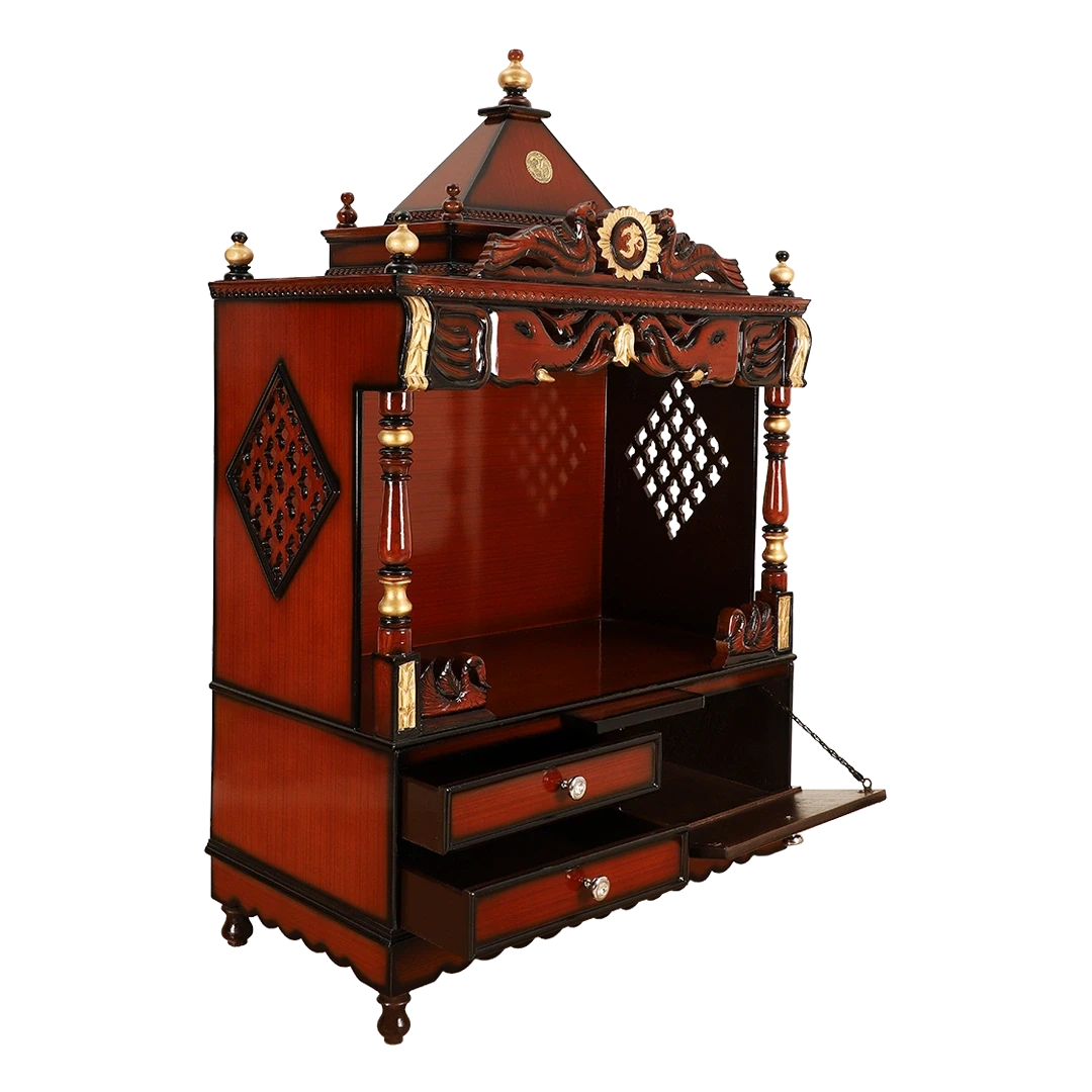Divine Home Large Floor Rested Pooja Mandir/Wooden temple for home in Brown Gold color 45° side view open drawers