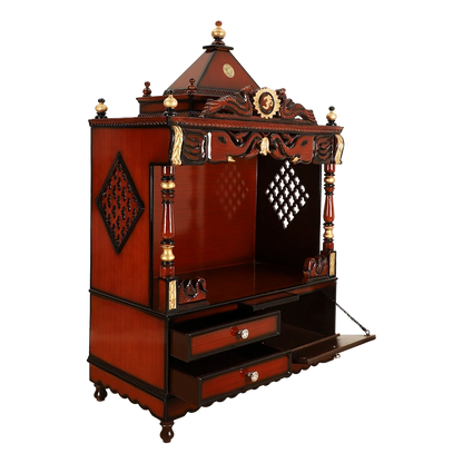 Divine Home Large Floor Rested Pooja Mandir/Wooden temple for home in Brown Gold color 45° side view open drawers