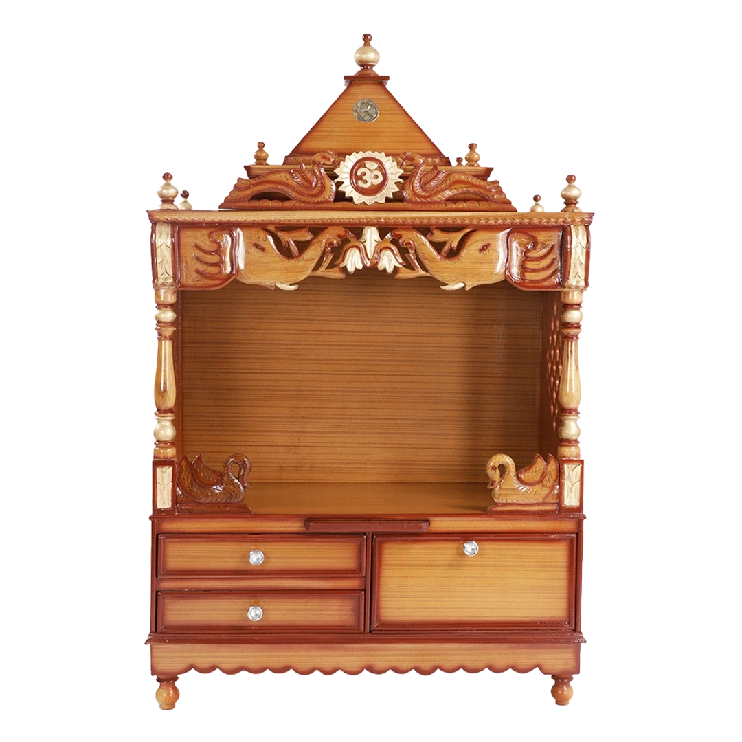 Divine Home Large Floor Rested Pooja Mandir/Wooden temple for home in Teak Gold color front view