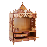 Divine Home Large Floor Rested Pooja Mandir/Wooden temple for home in Teak Gold color 45° side view open drawers