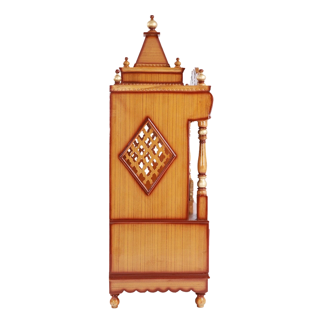 Divine Home Large Floor Rested Pooja Mandir/Wooden temple for home in Teak Gold color side view featuring jali design and Pillars