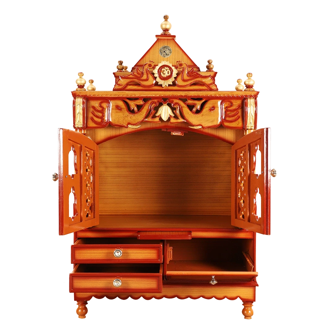 Divine Home Medium Floor Rested Pooja Mandir/Wooden temple with Doors for home in Teak Gold color front view open drawers