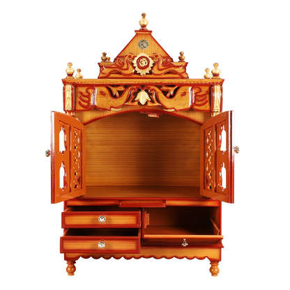 Divine Home Medium Floor Rested Pooja Mandir/Wooden temple with Doors for home in Teak Gold color front view open drawers