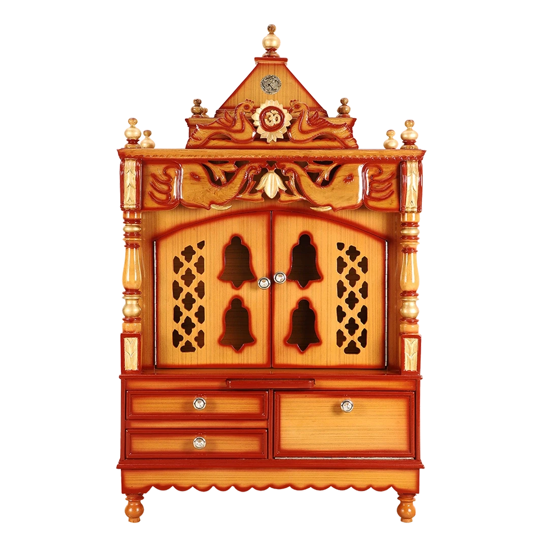 Divine Home Medium Floor Rested Pooja Mandir/Wooden temple with Doors for home in Teak Gold color front view