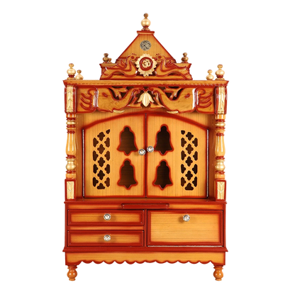 Divine Home Medium Floor Rested Pooja Mandir/Wooden temple with Doors for home in Teak Gold color front view