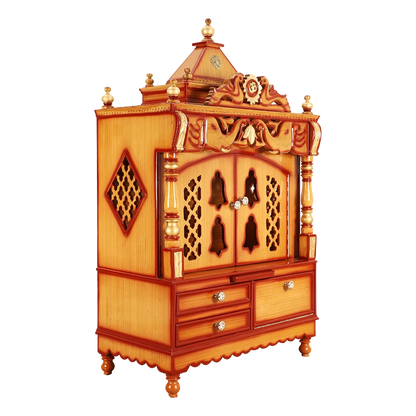 Divine Home Medium Floor Rested Pooja Mandir/Wooden temple with Doors for home in Teak Gold color 45° side view