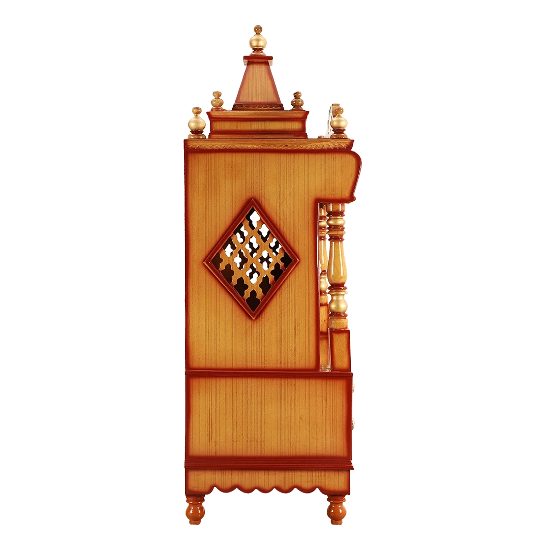 Divine Home Medium Floor Rested Pooja Mandir/Wooden temple with Doors for home in Teak Gold color side view featuring jali design and Pillars