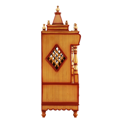 Divine Home Medium Floor Rested Pooja Mandir/Wooden temple with Doors for home in Teak Gold color side view featuring jali design and Pillars