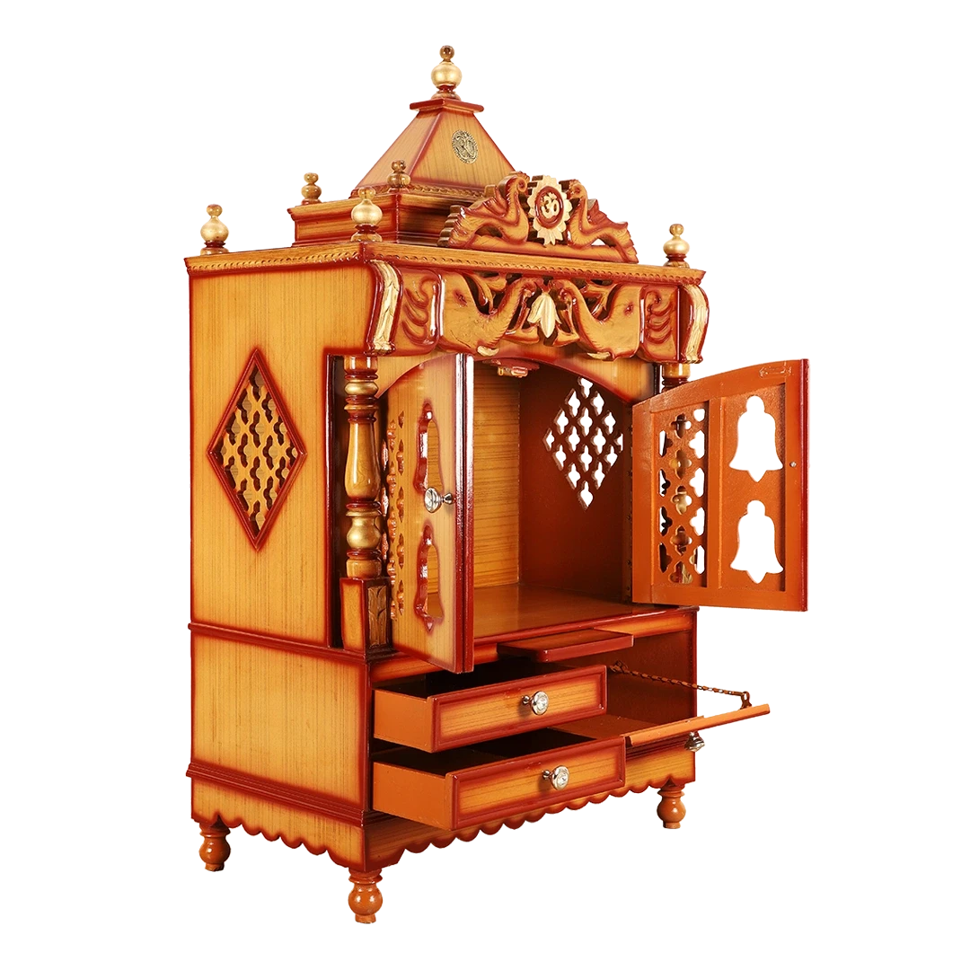 Divine Home Medium Floor Rested Pooja Mandir/Wooden temple with Doors for home in Teak Gold color 45° side view open drawers