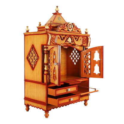 Divine Home Medium Floor Rested Pooja Mandir/Wooden temple with Doors for home in Teak Gold color 45° side view open drawers