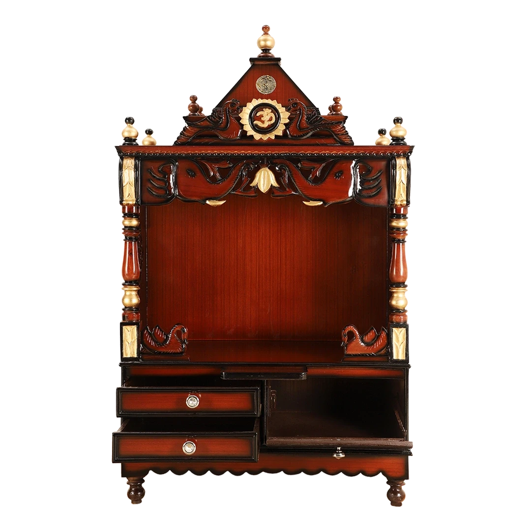 Divine Home Medium Floor Rested Pooja Mandir/Wooden temple for home in Brown Gold color front view open drawers