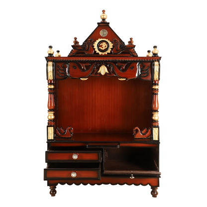 Divine Home Medium Floor Rested Pooja Mandir/Wooden temple for home in Brown Gold color front view open drawers