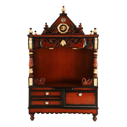 Divine Home Medium Floor Rested Pooja Mandir/Wooden temple for home in Brown Gold color front view
