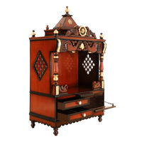 Divine Home Medium Floor Rested Pooja Mandir/Wooden temple for home in Brown Gold color 45° side view open drawers