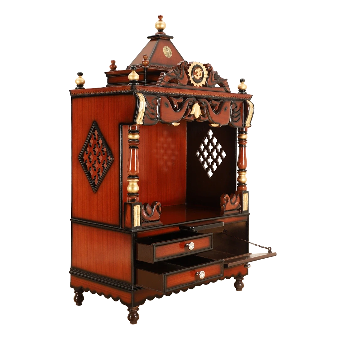 Divine Home Medium Floor Rested Pooja Mandir/Wooden temple for home in Brown Gold color 45° side view open drawers