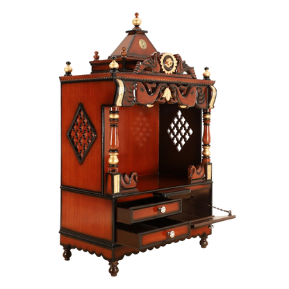 Divine Home Medium Floor Rested Pooja Mandir/Wooden temple for home in Brown Gold color 45° side view open drawers