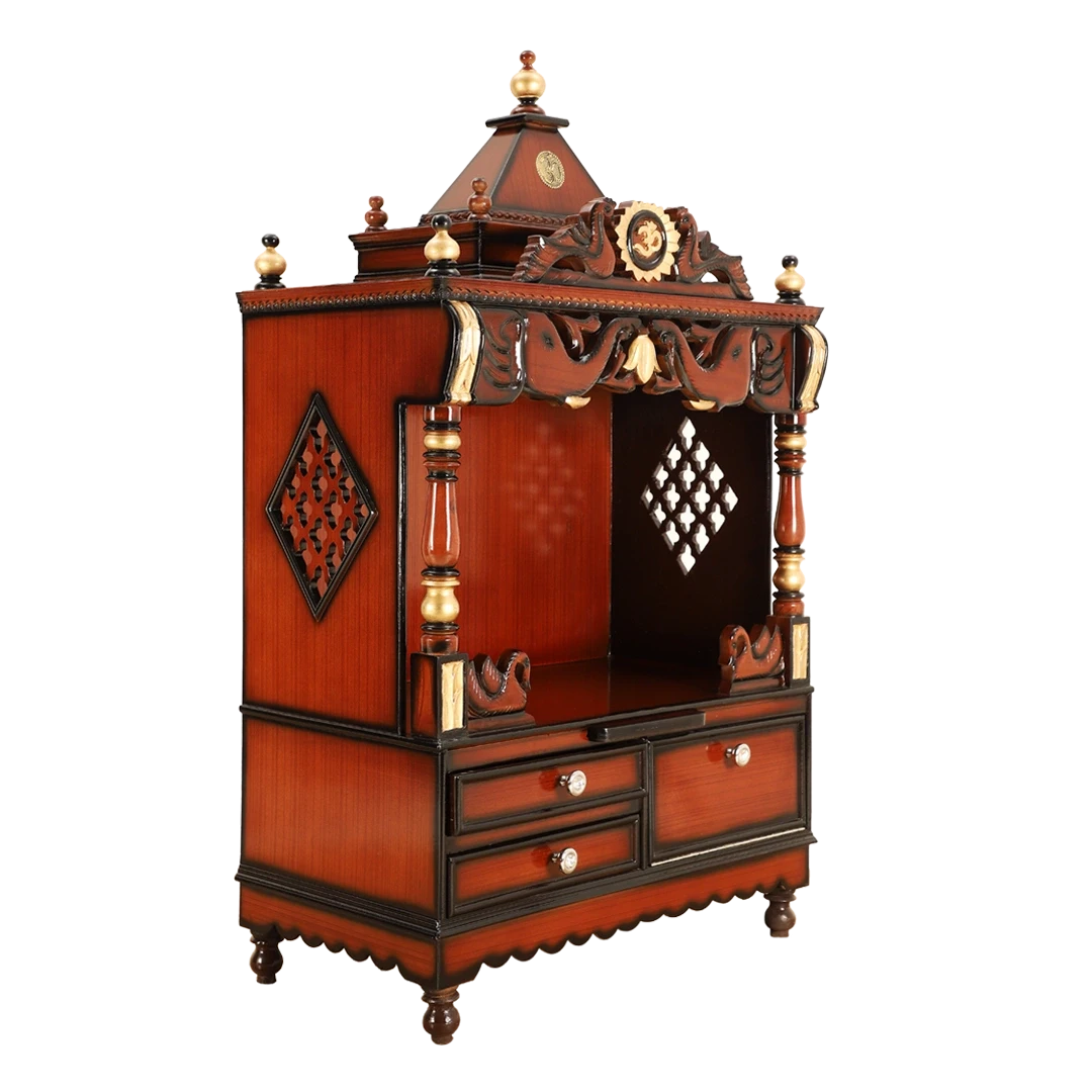 Divine Home Medium Floor Rested Pooja Mandir/Wooden temple for home in Brown Gold color 45° side view