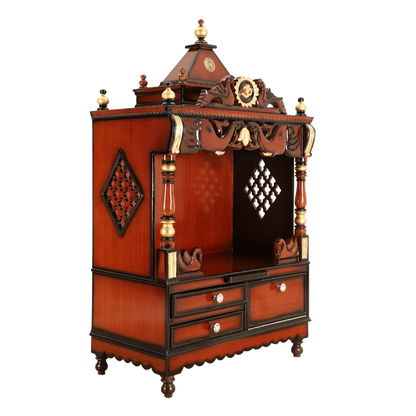 Divine Home Medium Floor Rested Pooja Mandir/Wooden temple for home in Brown Gold color 45° side view