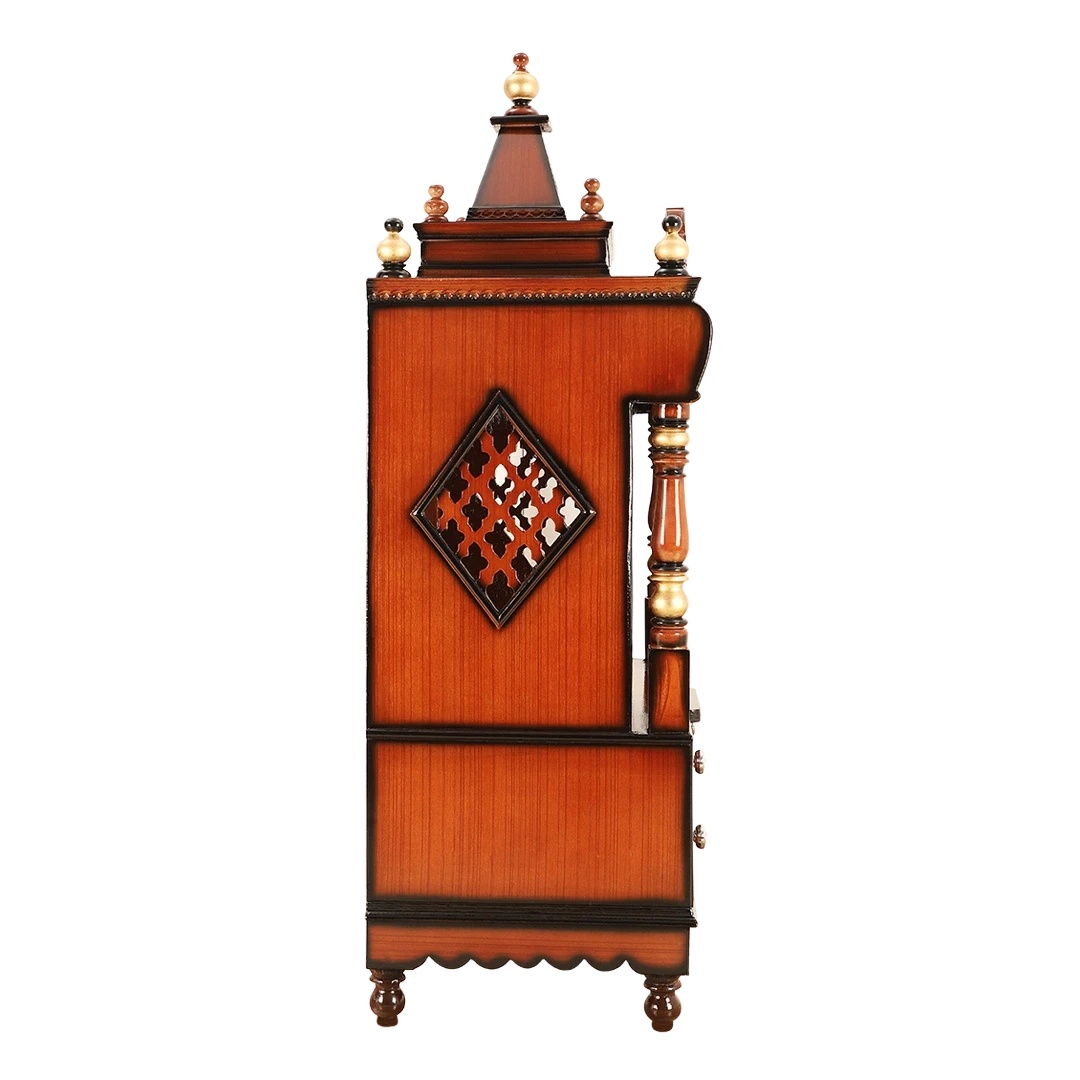 Divine Home Medium Floor Rested Pooja Mandir/Wooden temple for home in Brown Gold color side view featuring jali design and Pillars