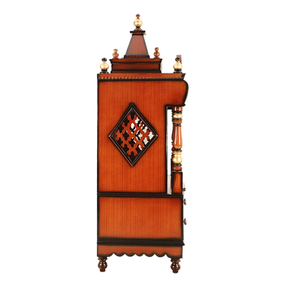 Divine Home Medium Floor Rested Pooja Mandir/Wooden temple for home in Brown Gold color side view featuring jali design and Pillars