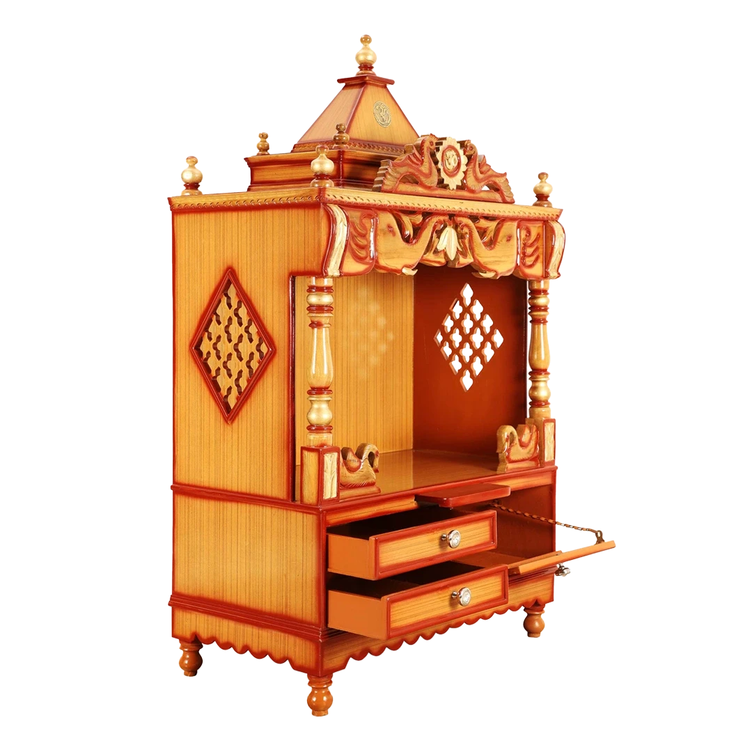 Divine Home Medium Floor Rested Pooja Mandir/Wooden temple for home in Teak Gold color 45° side view open drawers