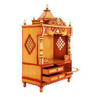 Divine Home Medium Floor Rested Pooja Mandir/Wooden temple for home in Teak Gold color 45° side view open drawers