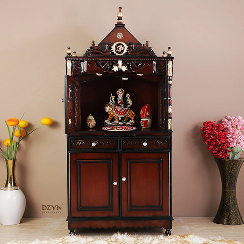 Divine Palace Large Floor Rested Pooja Mandap with Door (Brown Gold)