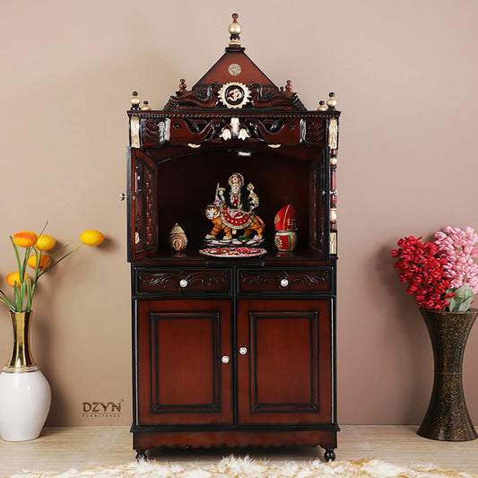Divine Palace Large Floor Rested Pooja Mandap with Door (Brown Gold) Lifestyle view