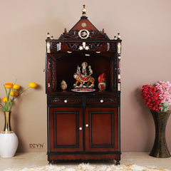 Divine Palace Large Floor Rested Pooja Mandap with Door (Brown Gold)