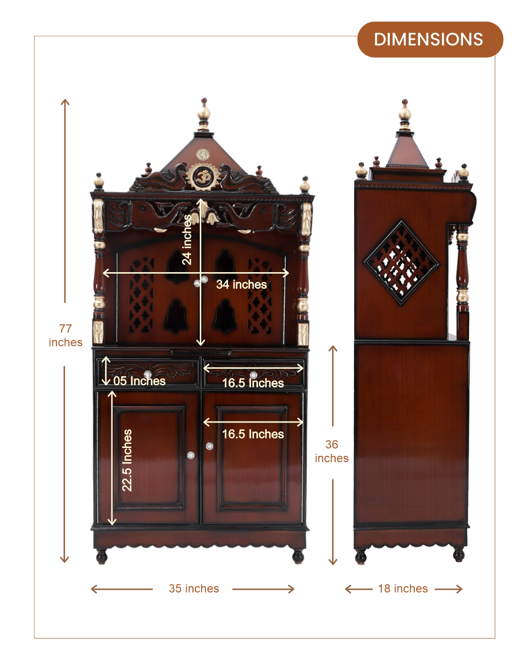 Divine Palace Large Floor Rested Pooja Mandap with Door (Brown Gold)